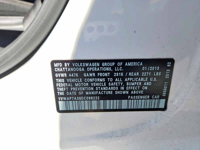Продаж на аукціоні авто 2013 Volkswagen Passat, vin: 1VWAP7A38DC096222, номер лоту: 52851096
