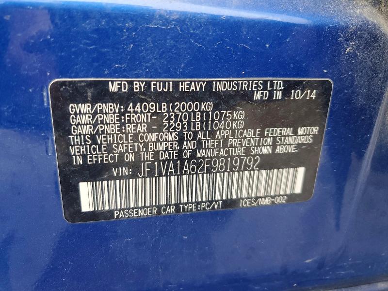 2015 Subaru Wrx მანქანა იყიდება აუქციონზე, vin: JF1VA1A62F9819792, აუქციონის ნომერი: 52058196