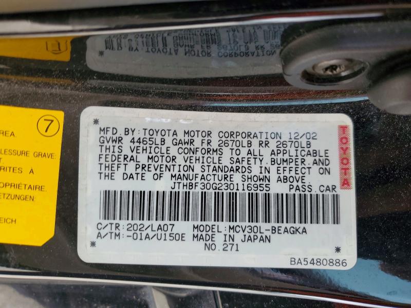 Aukcja sprzedaży 2003 Lexus Es, vin: JTHBF30G230116955, numer aukcji: 52381936