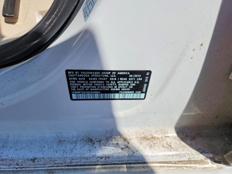 52345456 :رقم المزاد ، 1VWBP7A31DC043804 vin ، 2013 Volkswagen Passat مزاد بيع