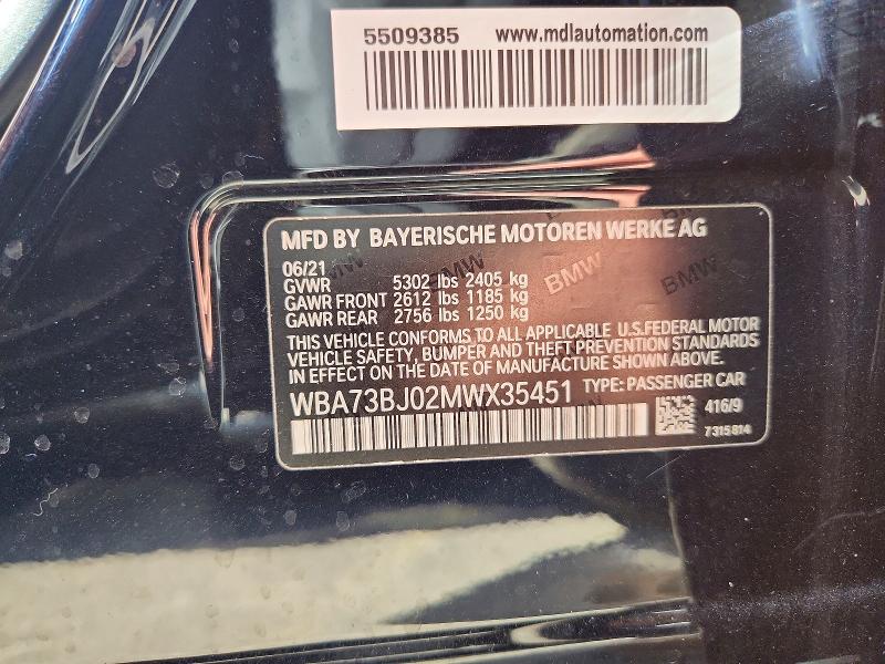 2021 Bmw 540 მანქანა იყიდება აუქციონზე, vin: WBA73BJ02MWX35451, აუქციონის ნომერი: 52485946