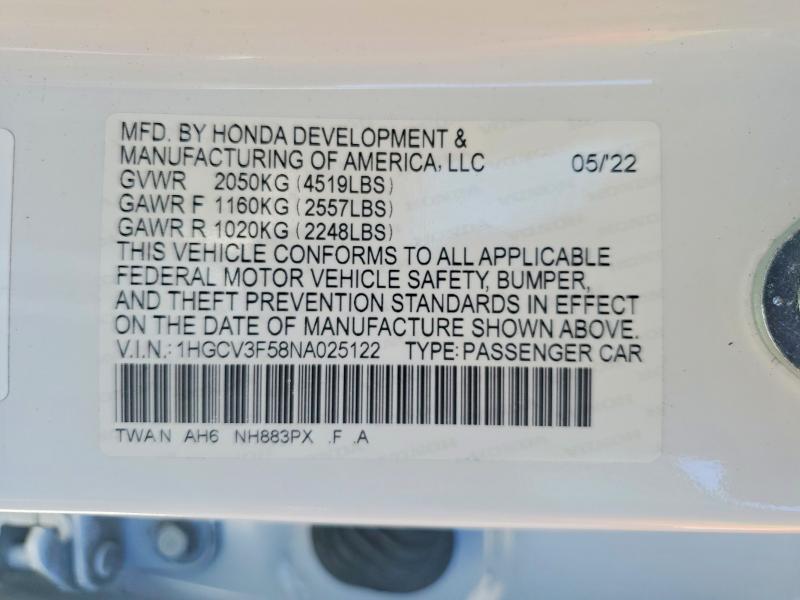 Продажа на аукционе авто 2022 Honda Accord, vin: 1HGCV3F58NA025122, номер лота: 52948066