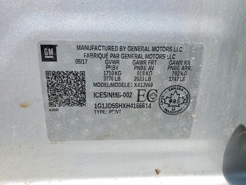 51885546 :رقم المزاد ، 1G1JD5SHXH4166614 vin ، 2017 Chevrolet Sonic مزاد بيع