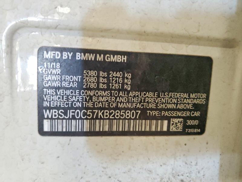 52082746 :رقم المزاد ، WBSJF0C57KB285807 vin ، 2019 Bmw M5 مزاد بيع