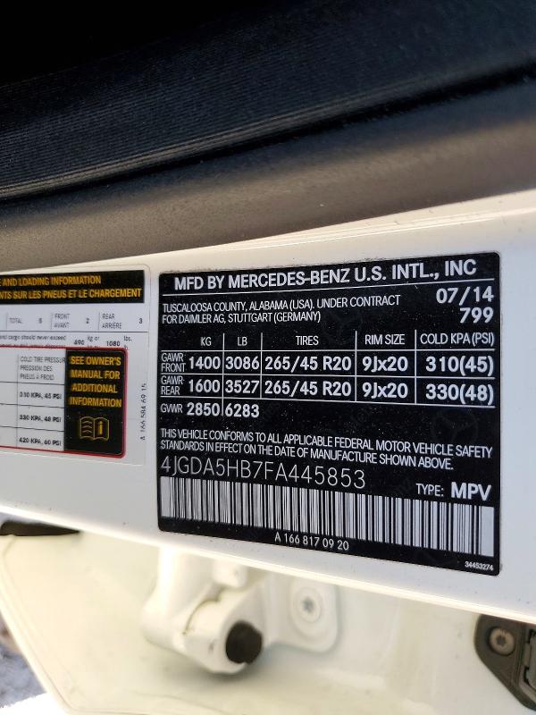 Продажа на аукционе авто 2015 Mercedes-benz Ml, vin: 4JGDA5HB7FA445853, номер лота: 52858856