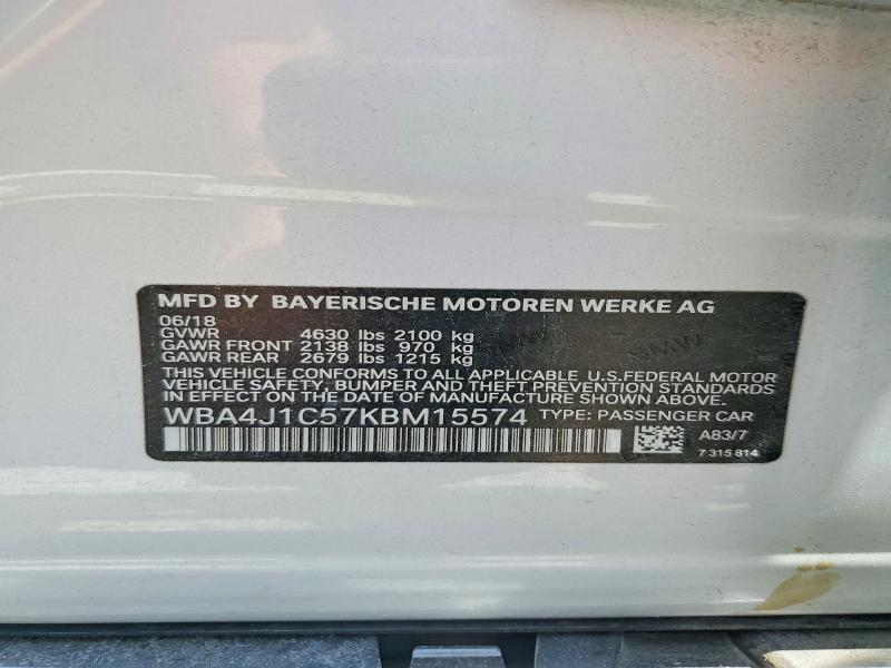 54548906 :رقم المزاد ، WBA4J1C57KBM15574 vin ، 2019 Bmw 430i مزاد بيع