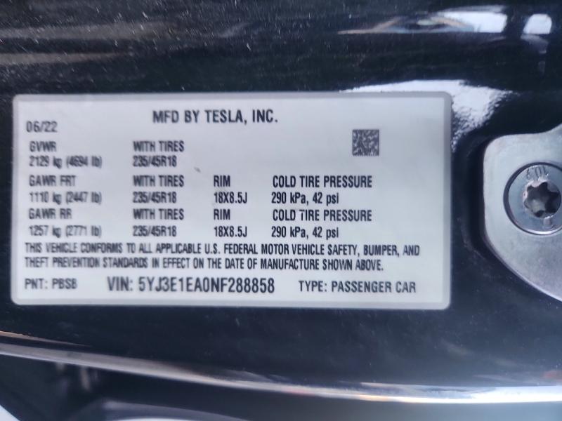 Aukcja sprzedaży 2022 Tesla Model 3, vin: 5YJ3E1EA0NF288858, numer aukcji: 53782296