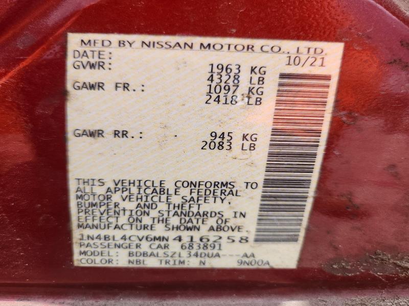 2021 Nissan Altima მანქანა იყიდება აუქციონზე, vin: 1N4BL4CV6MN416258, აუქციონის ნომერი: 53399006