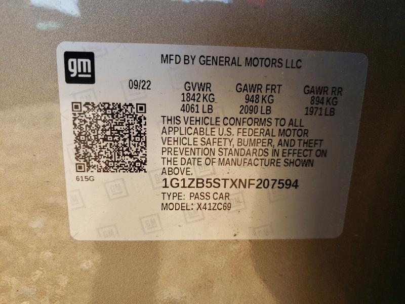 Aukcja sprzedaży 2022 Chevrolet Malibu, vin: 1G1ZB5STXNF207594, numer aukcji: 54063026