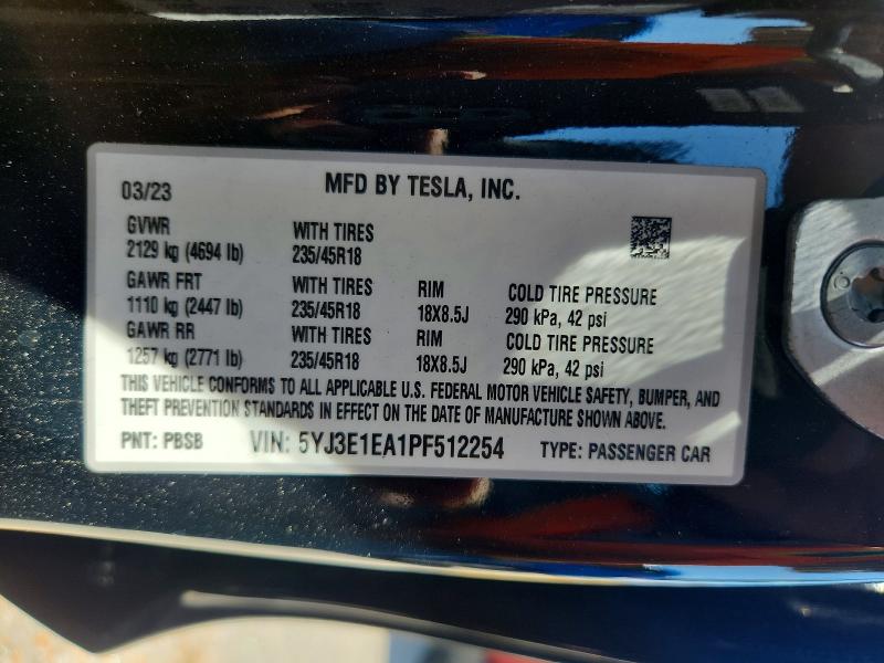 Aukcja sprzedaży 2023 Tesla Model 3, vin: 5YJ3E1EA1PF512254, numer aukcji: 51124116