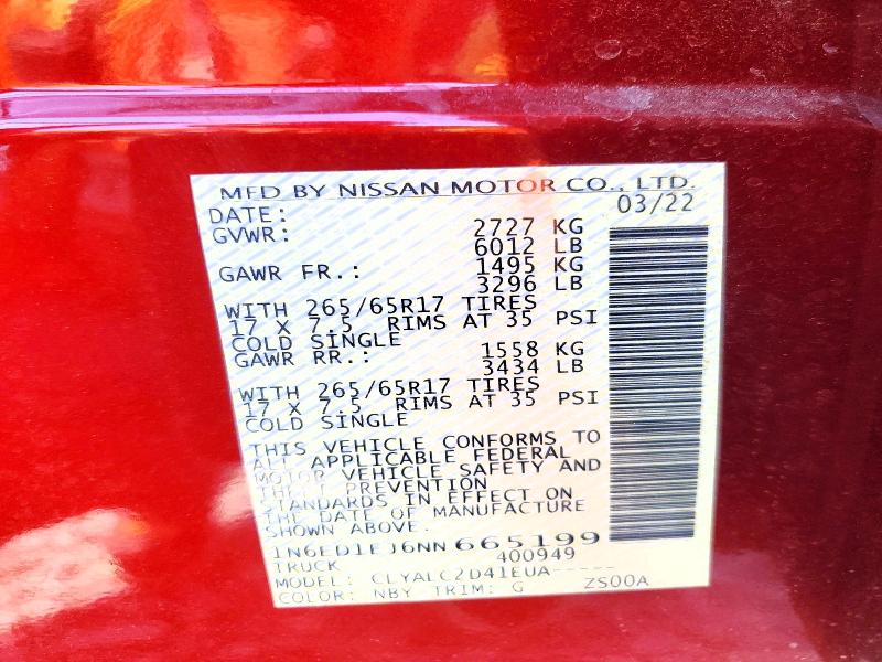 2022 Nissan Frontier მანქანა იყიდება აუქციონზე, vin: 1N6ED1EJ6NN665199, აუქციონის ნომერი: 54446376
