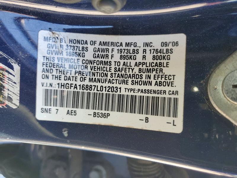 Продажа на аукционе авто 2007 Hond Civic, vin: 1HGFA16887L012031, номер лота: 53569926