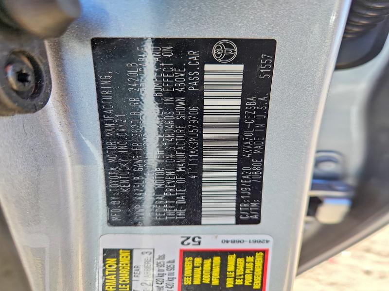 2021 Toyota Camry მანქანა იყიდება აუქციონზე, vin: 4T1T11AK3MU579706, აუქციონის ნომერი: 54023976