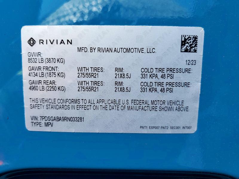 53583556 :رقم المزاد ، 7PDSGABA9RN033281 vin ، 2024 Rivian R1s مزاد بيع