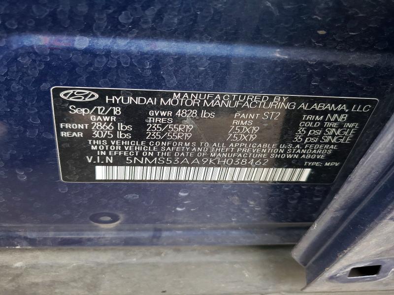 2019 Hyundai Santa Fe მანქანა იყიდება აუქციონზე, vin: 5NMS53AA9KH038462, აუქციონის ნომერი: 52688166