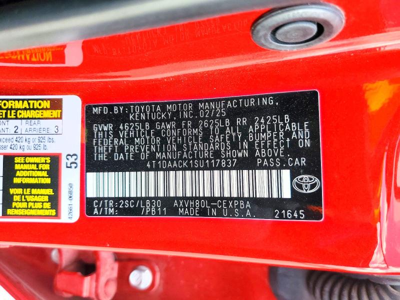53977626 :رقم المزاد ، 4T1DAACK1SU117837 vin ، 2025 Toyota Camry مزاد بيع
