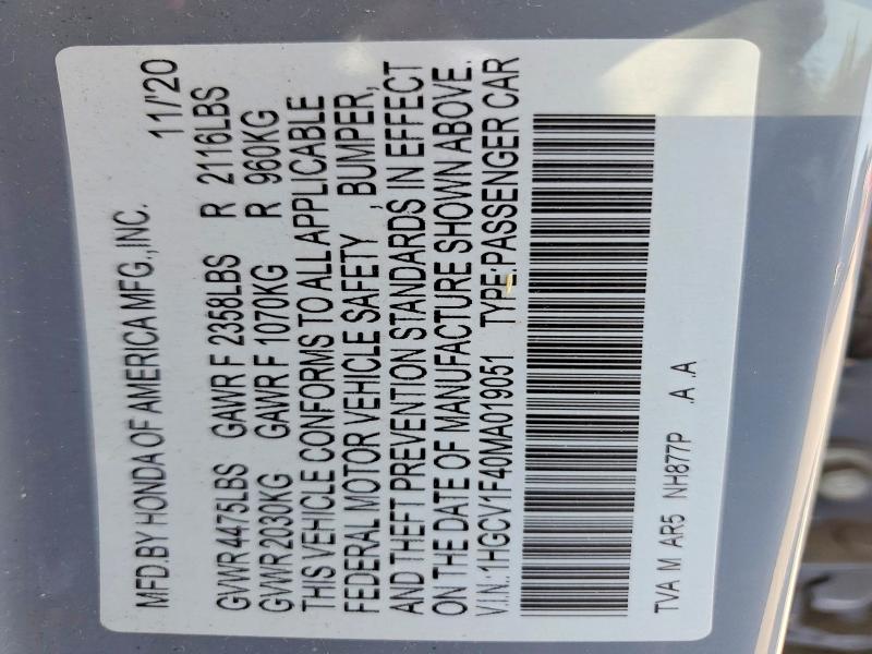 Продажа на аукционе авто 2021 Honda Accord, vin: 1HGCV1F40MA019051, номер лота: 55184606