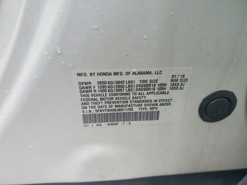 Aukcja sprzedaży 2018 Honda Pilot, vin: 5FNYF6H50JB011703, numer aukcji: 54874586