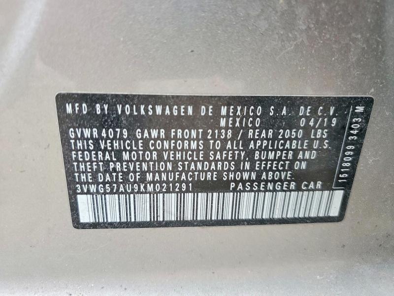 2019 Volkswagen Golf მანქანა იყიდება აუქციონზე, vin: 3VWG57AU9KM021291, აუქციონის ნომერი: 52041806