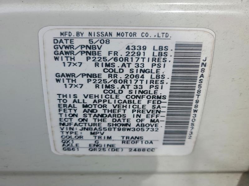 52660796 :رقم المزاد ، JN8AS58T98W305732 vin ، 2008 Nissan Rogue مزاد بيع