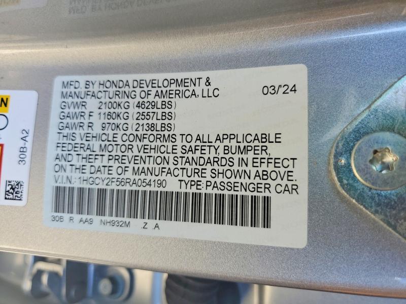 Продажа на аукционе авто 2024 Honda Accord, vin: 1HGCY2F56RA054190, номер лота: 53619796