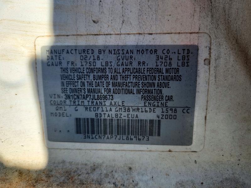 2018 Nissan Versa მანქანა იყიდება აუქციონზე, vin: 3N1CN7AP7JL869673, აუქციონის ნომერი: 53530336