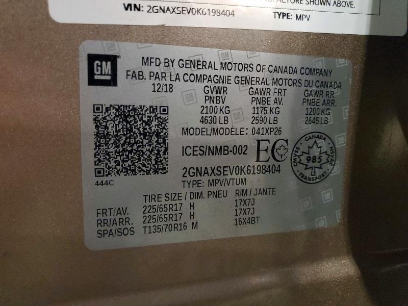 2019 Chevrolet Equinox მანქანა იყიდება აუქციონზე, vin: 2GNAXSEV0K6198404, აუქციონის ნომერი: 52751236