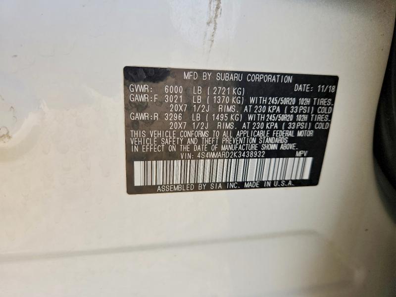 2019 Subaru Ascent მანქანა იყიდება აუქციონზე, vin: 4S4WMARD2K3438932, აუქციონის ნომერი: 52668656