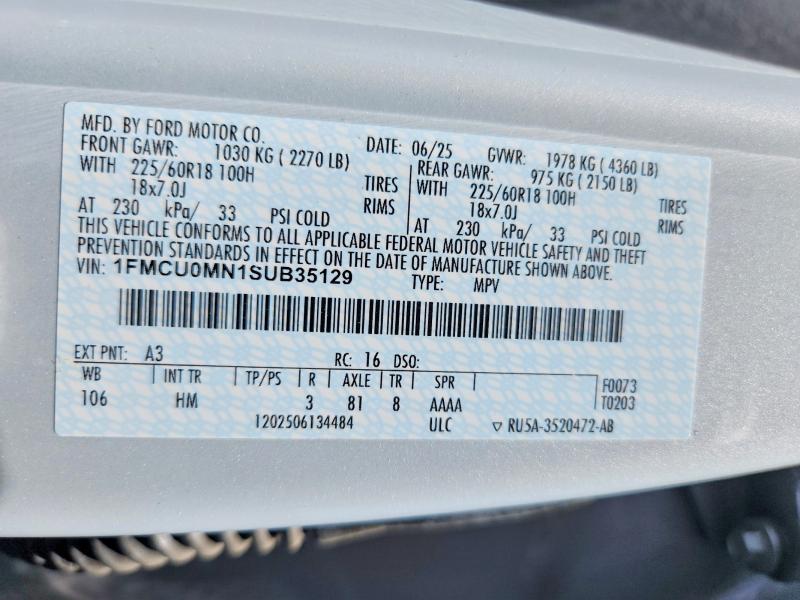 Продаж на аукціоні авто 2025 Ford Escape, vin: 1FMCU0MN1SUB35129, номер лоту: 55306806
