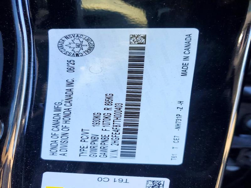 53044386 :رقم المزاد ، 2HGFE4F87TH000403 vin ، 2026 Honda Civic مزاد بيع