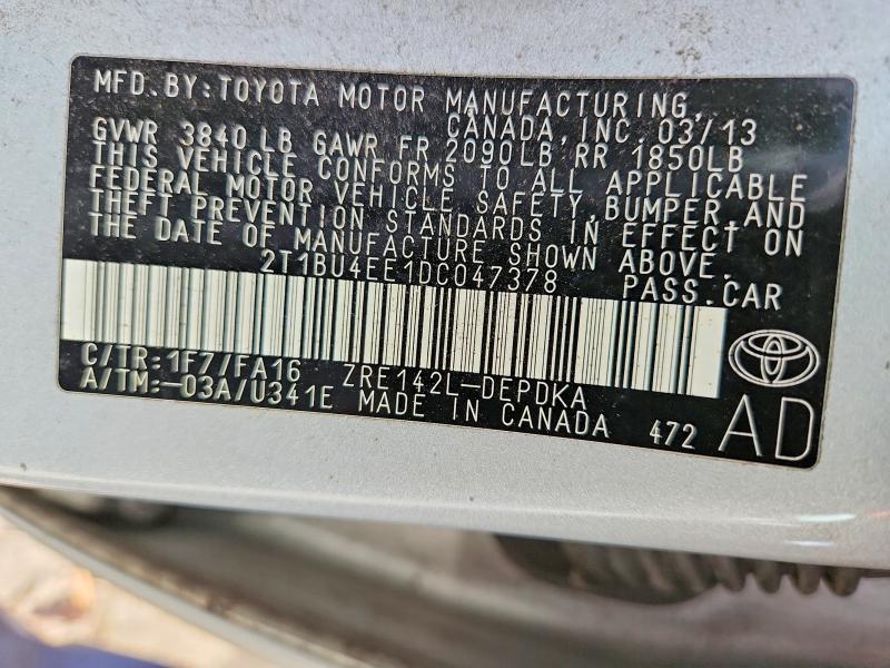 55095236 :رقم المزاد ، 2T1BU4EE1DC047378 vin ، 2013 Toyota Corolla مزاد بيع
