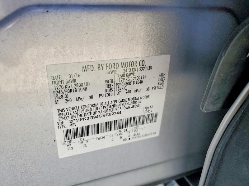 54480356 :رقم المزاد ، 2FMPK3G94GBB02744 vin ، 2016 Ford Edge مزاد بيع