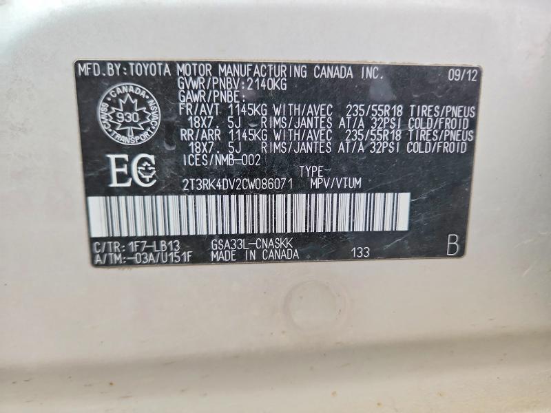 Aukcja sprzedaży 2012 Toyota Rav4, vin: 2T3RK4DV2CW086071, numer aukcji: 53626686