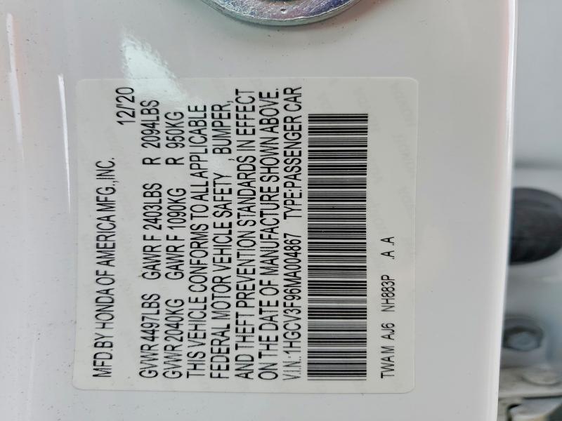 Продаж на аукціоні авто 2021 Honda Accord, vin: 1HGCV3F96MA004867, номер лоту: 52491116
