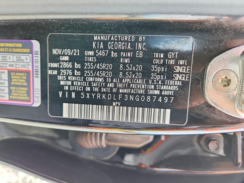 54091306 :رقم المزاد ، 5XYRKDLF3NG087497 vin ، 2022 Kia Sorento مزاد بيع