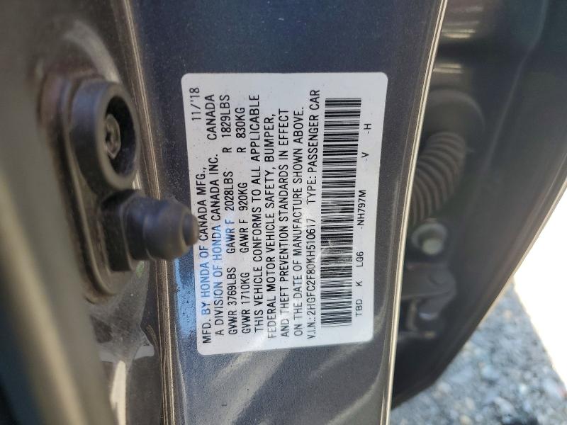 Aukcja sprzedaży 2019 Honda Civic, vin: 2HGFC2F80KH510617, numer aukcji: 51249996