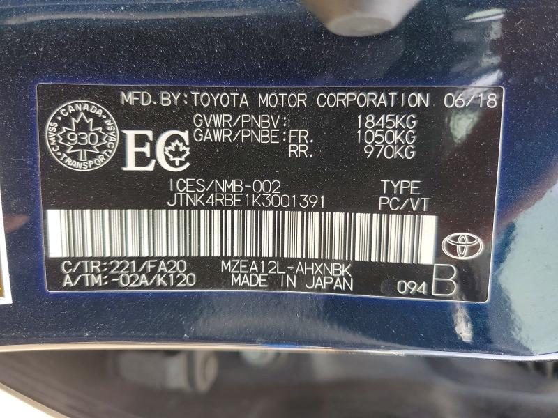 2019 Toyota Corolla Hatchback მანქანა იყიდება აუქციონზე, vin: JTNK4RBE1K3001391, აუქციონის ნომერი: 54582006