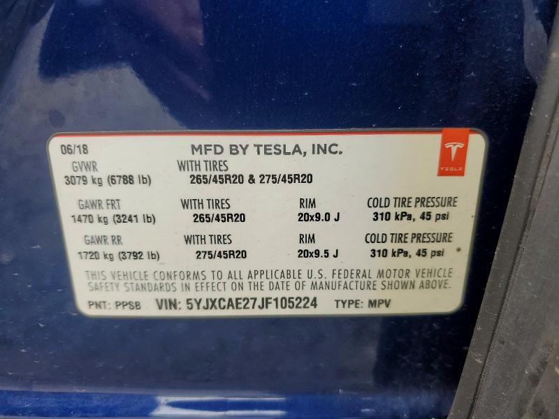 53762836 :رقم المزاد ، 5YJXCAE27JF105224 vin ، 2018 Tesla Model X مزاد بيع