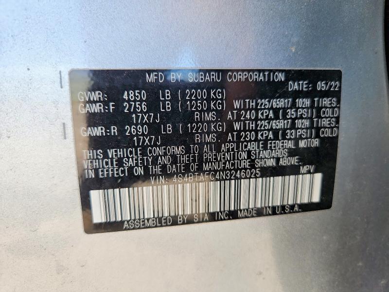 2022 Subaru Outback მანქანა იყიდება აუქციონზე, vin: 4S4BTAFC4N3246025, აუქციონის ნომერი: 51848826