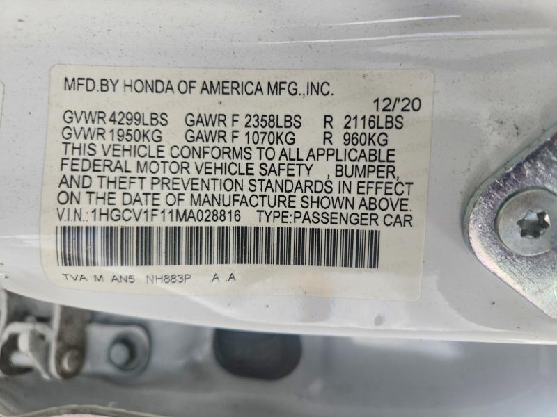 Aukcja sprzedaży 2021 Honda Accord, vin: 1HGCV1F11MA028816, numer aukcji: 55453466