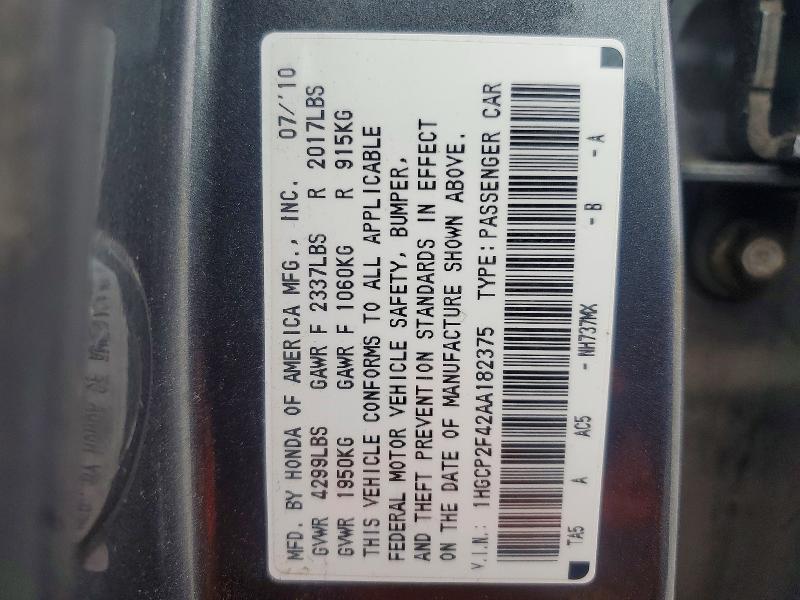 Продаж на аукціоні авто 2010 Honda Accord, vin: 1HGCP2F42AA182375, номер лоту: 53879526