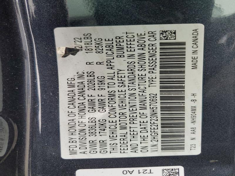 2022 Honda Civic მანქანა იყიდება აუქციონზე, vin: 2HGFE2F23NH570692, აუქციონის ნომერი: 52264806