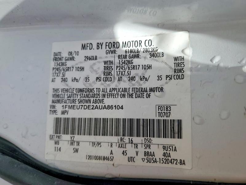 2010 Ford Explorer მანქანა იყიდება აუქციონზე, vin: 1FMEU7DE2AUA86104, აუქციონის ნომერი: 53914526