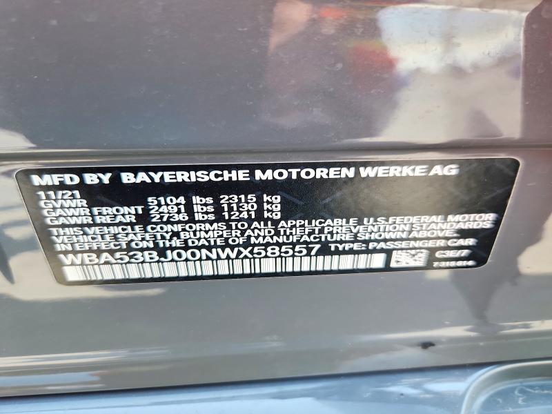 2022 Bmw 540 მანქანა იყიდება აუქციონზე, vin: WBA53BJ00NWX58557, აუქციონის ნომერი: 53975576