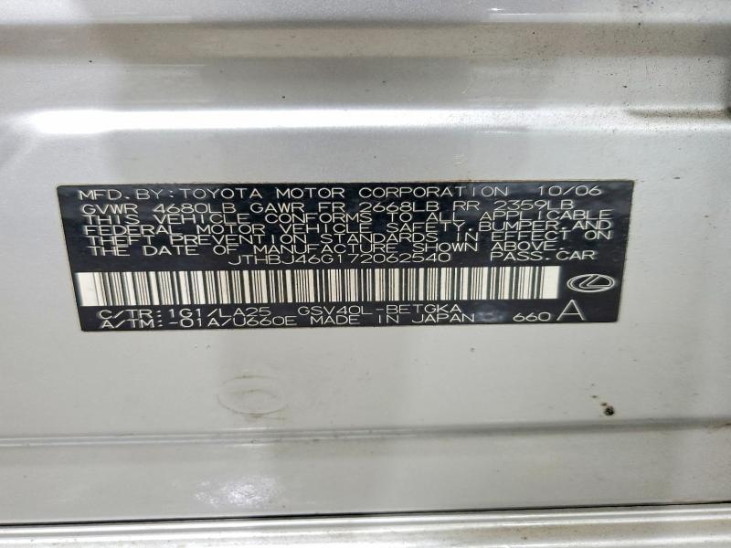 2007 Lexus Es მანქანა იყიდება აუქციონზე, vin: JTHBJ46G172062540, აუქციონის ნომერი: 53176436