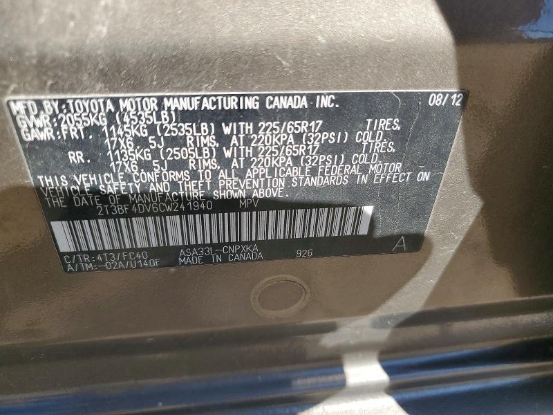 53535936 :رقم المزاد ، 2T3BF4DV6CW241940 vin ، 2012 Toyota Rav4 مزاد بيع