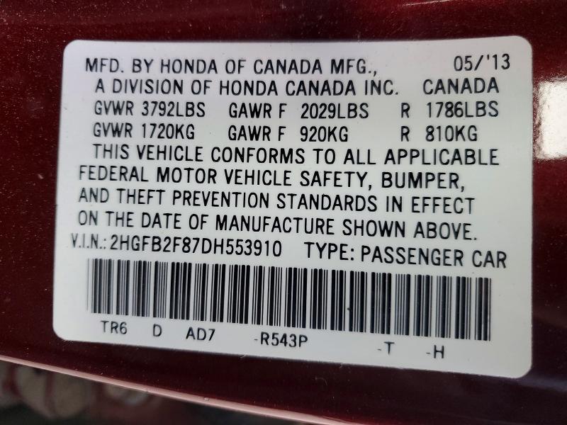 2013 Honda Civic მანქანა იყიდება აუქციონზე, vin: 2HGFB2F87DH553910, აუქციონის ნომერი: 53545466