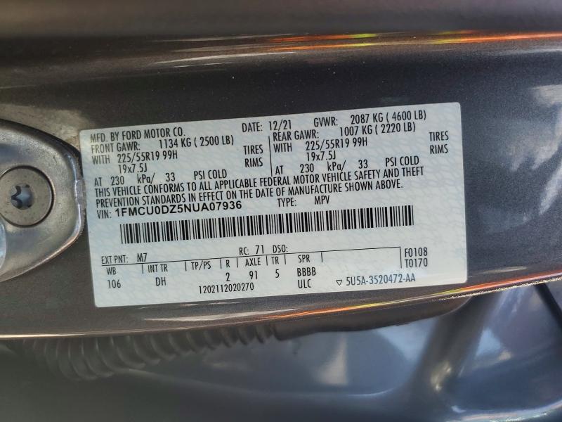 53119916 :رقم المزاد ، 1FMCU0DZ5NUA07936 vin ، 2022 Ford Escape مزاد بيع