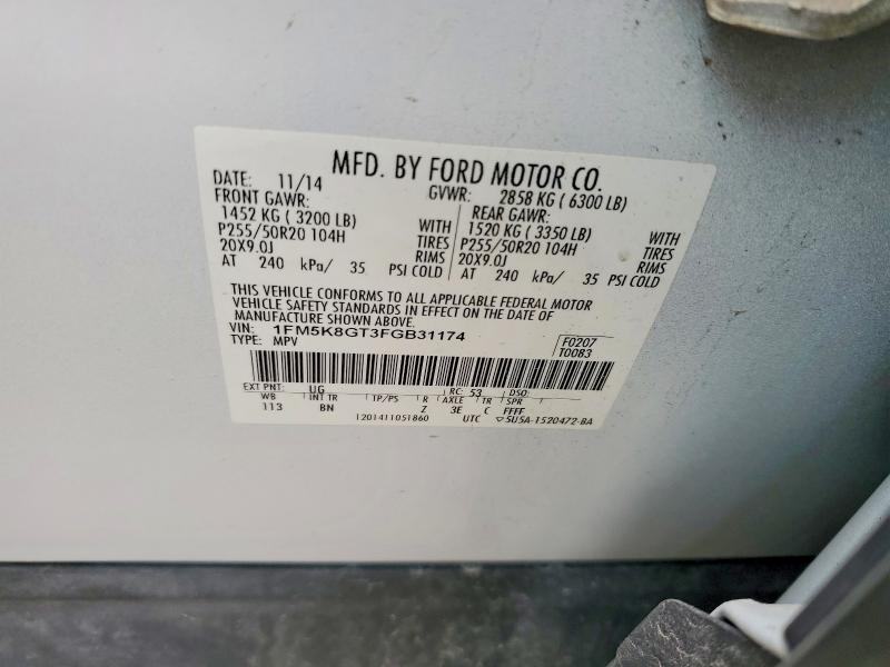 Auction sale of the 2015 Ford Explorer, vin: 1FM5K8GT3FGB31174, lot number: 52699566
