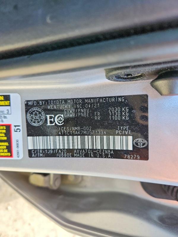 Продаж на аукціоні авто 2021 Toyota Camry, vin: 4T1C11AK7MU571334, номер лоту: 54471986